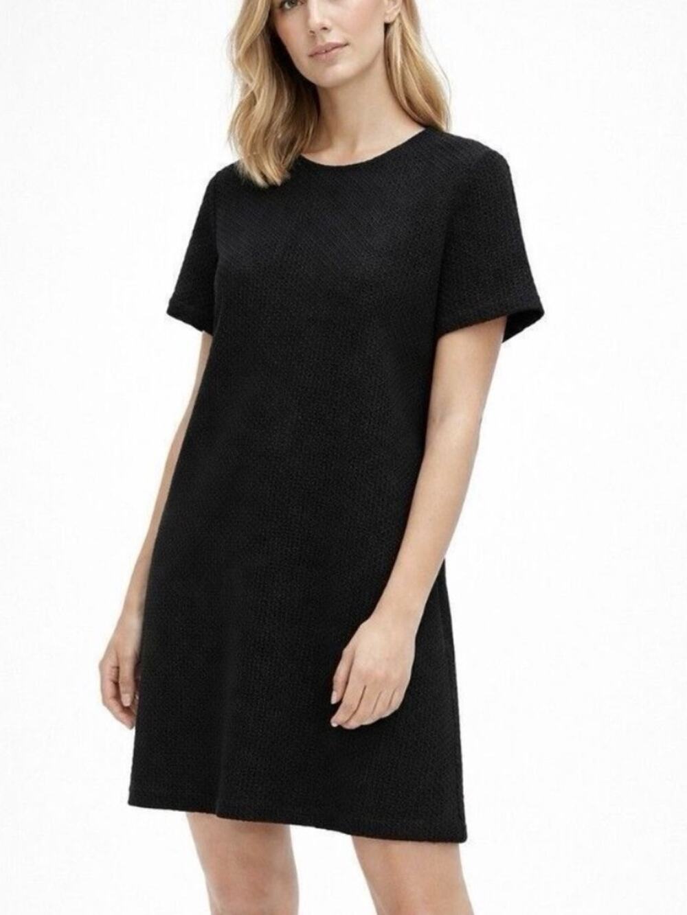 Eileen Fisher Honeycomb Textured Waffle Knit Short-Sleeve Black  Dress Medium